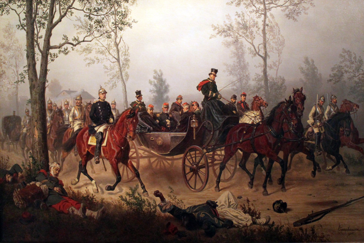 Wilhelm Camphausen - Otto von Bismarck geleitet Kaiser Napoleon III. am Morgen nach der Schlacht von Sedan zu König Wilhelm I.