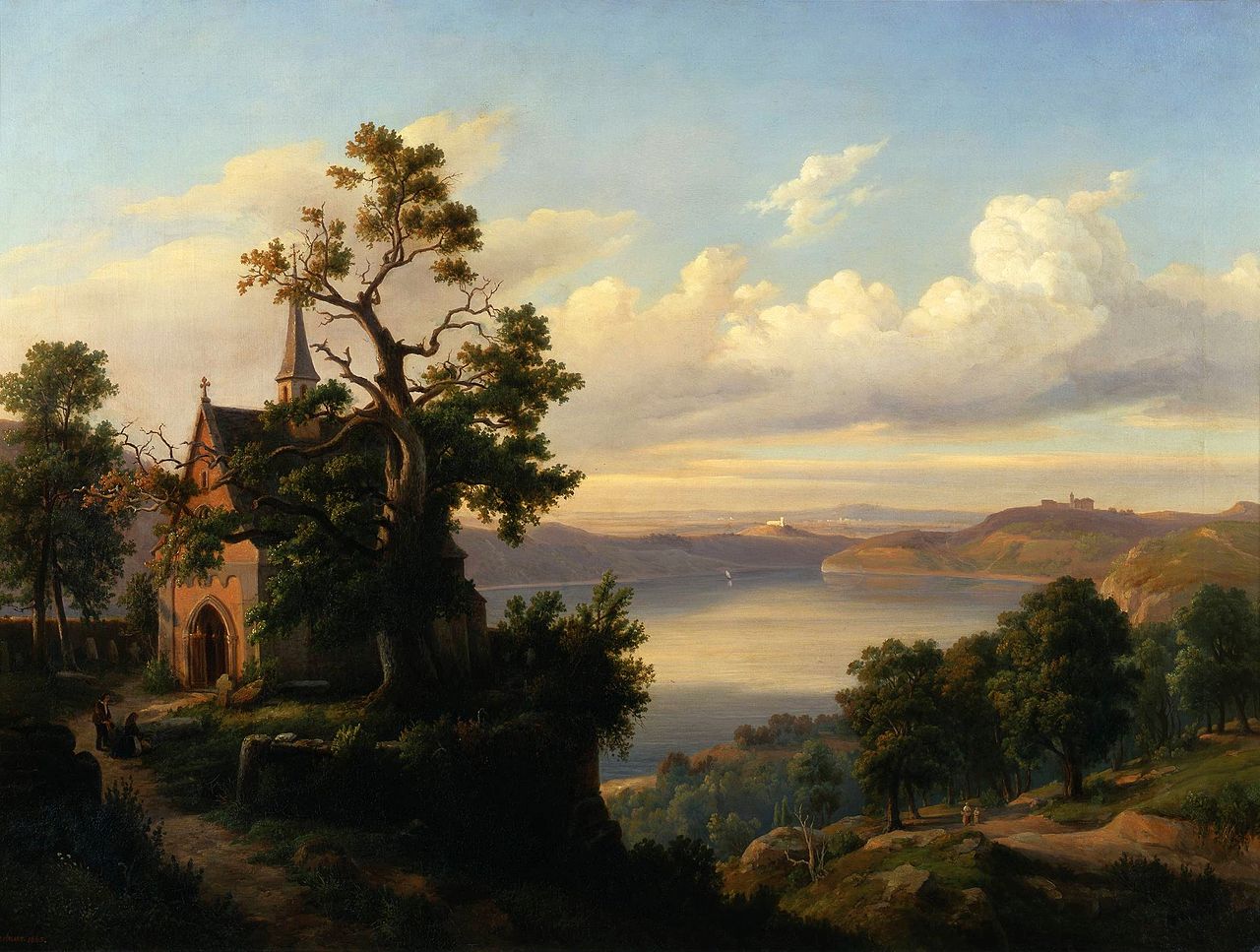 Christian Breslauer. Landschaft mit See und gotischer Kirche. 1863. Öl / Leinwand. 67 x 92cm
