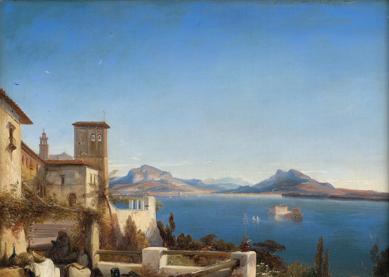 Caspar Scheuren. Blick auf den Lago Maggiore mit der Isola Bella. vor 1887. Öl/Leinwand. 