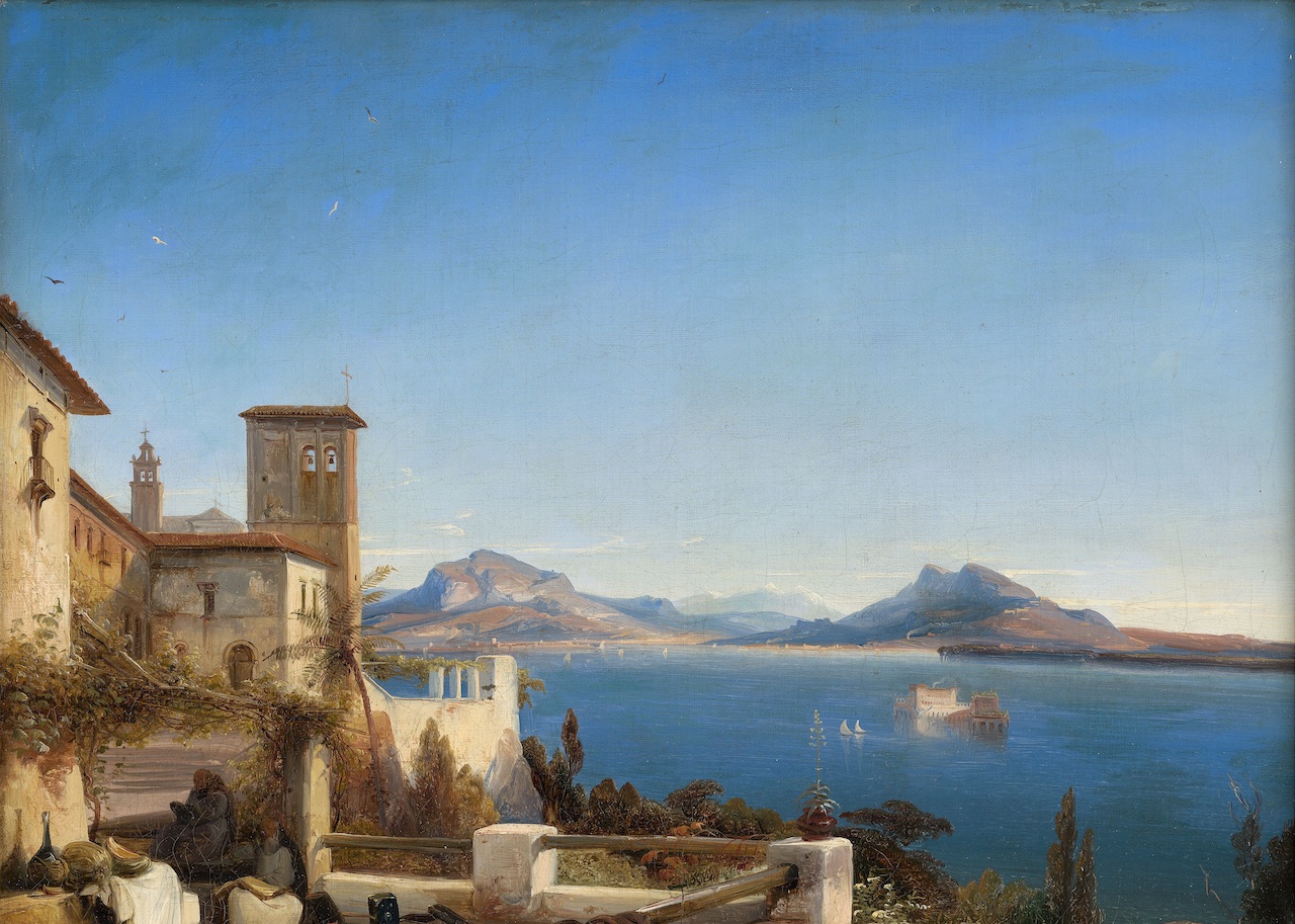 Caspar Scheuren. Blick auf den Lago Maggiore mit der Isola Bella. vor 1887. Öl/Leinwand.
